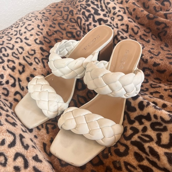 Soda Shoes - Soda Braided Double-Strap White Block Heel Sandals